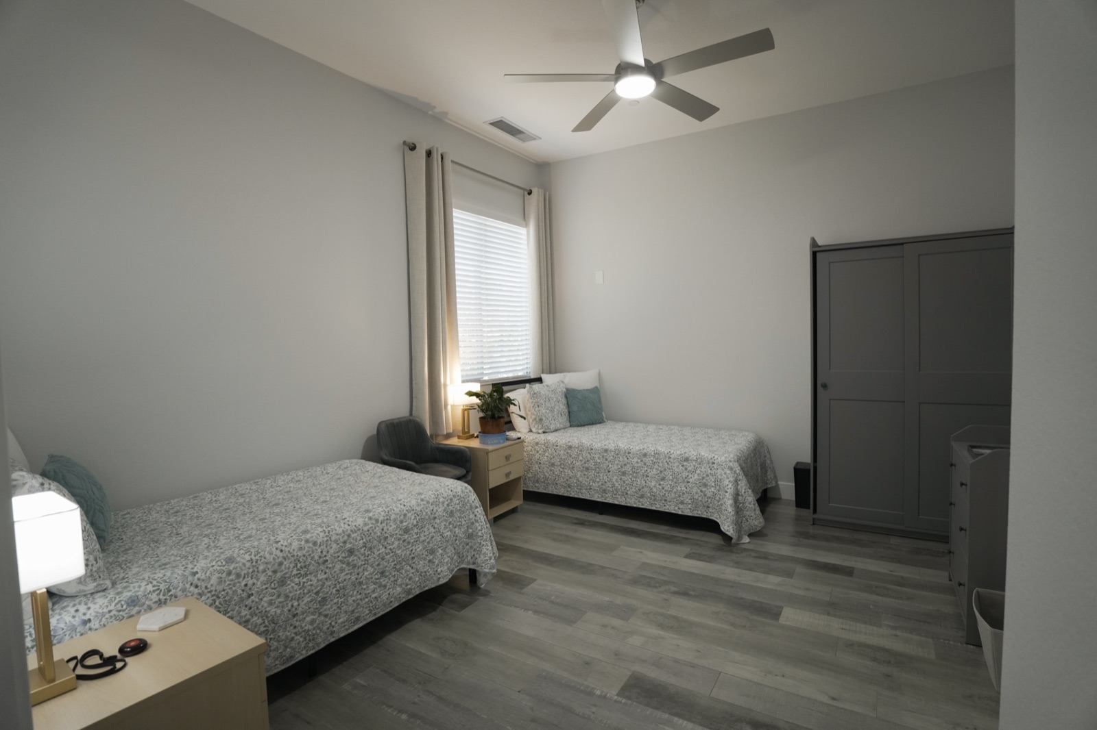 A restful bedroom, available shared or private