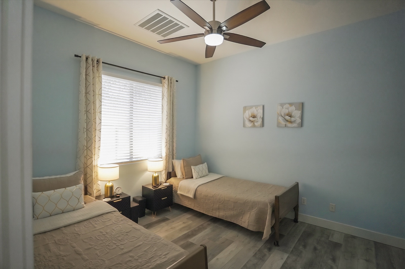 A restful bedroom with soft blue tones