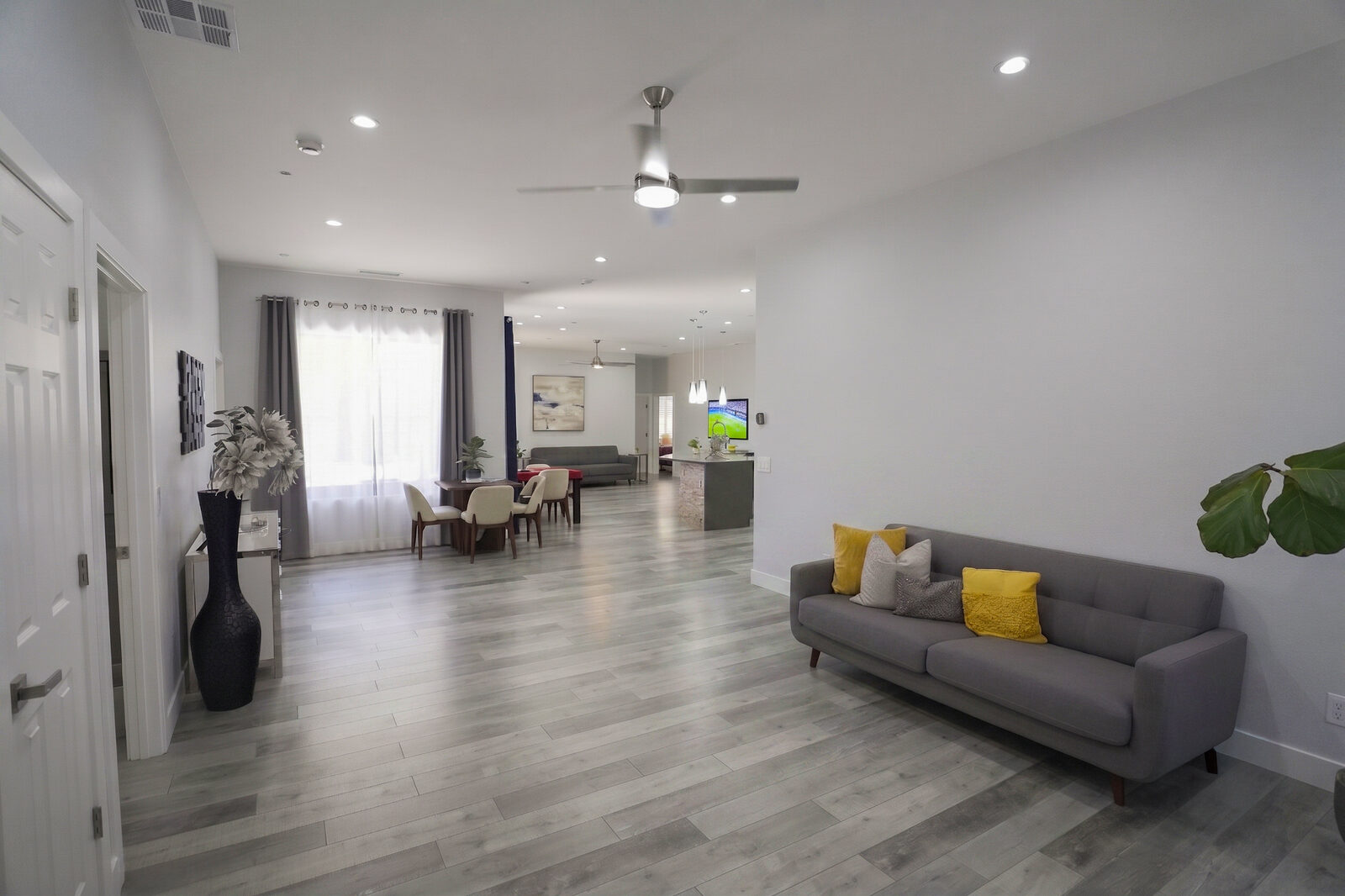 A wide, open living and dining area